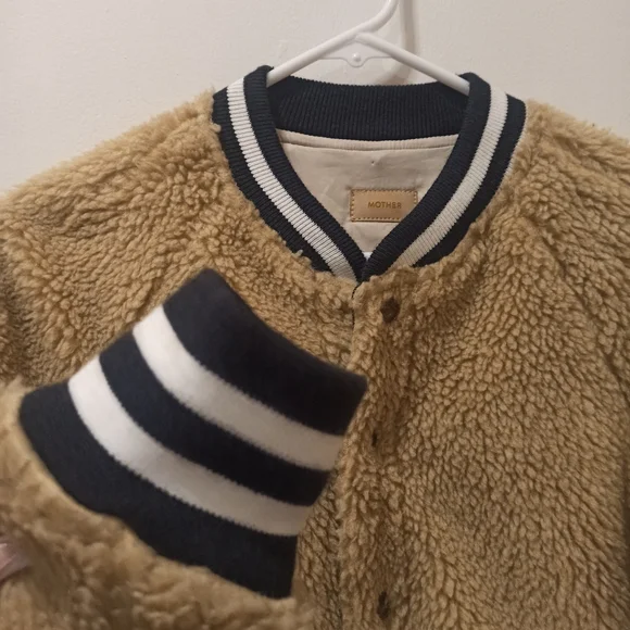 MOTHER Beige Teddy Letterman Snap women's Bomber Jacket in More Than a Feeling - Picture 6 of 16